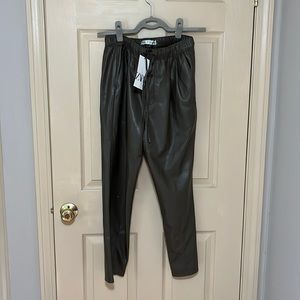 Zara Olive Army Green Faux Leather Vegan Jogger Pants